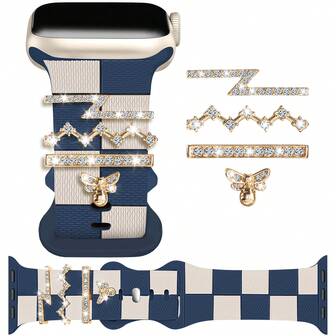 5件套午夜蓝格纹硅胶表带，配金色闪亮蜜蜂吊坠装饰铆钉，尺寸可选38mm、40mm、41mm、42mm、44mm、45mm、46mm、49mm，适用于运动表带，兼容 Ultra 2 SE 10 9 8 7 6 5 4 3 2 1