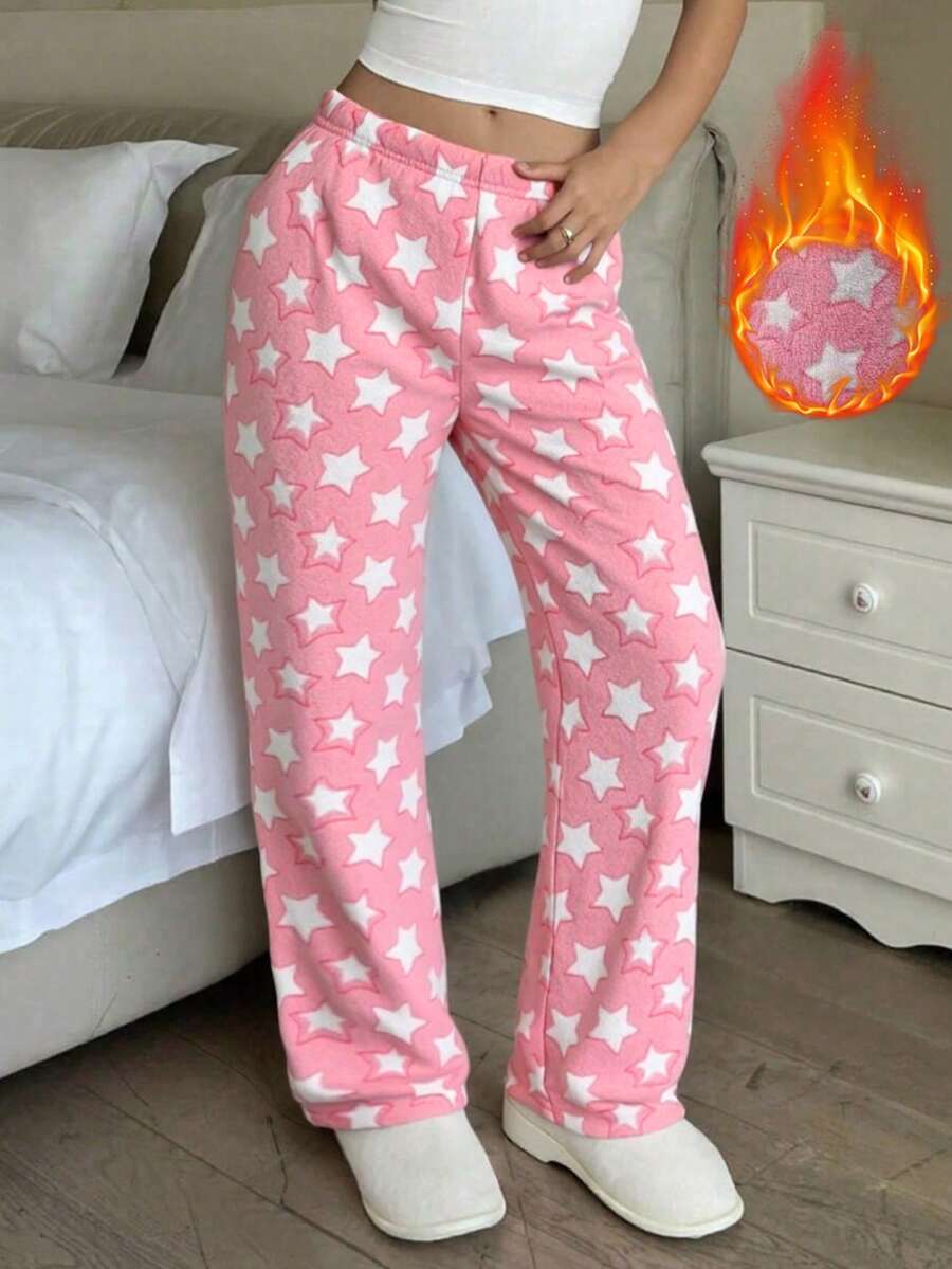 女士毛绒星形图案长裤，优雅迷人，休闲百搭，适合度假穿着，秋冬季保暖舒适。 - 粉色 - 查看 1