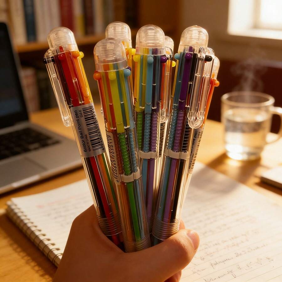 4pcs Multicolor Ballpoint Pen (6-In-1), Quick-Drying Gel Pen, 0.5mm Office Stationery, Multifunctional Fun Student Pen, Writing Pen, Signature Pen - Multicolor - View 1