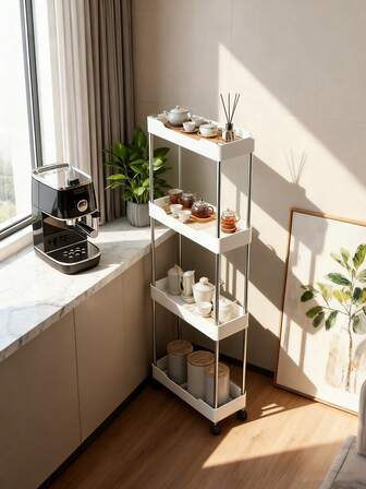 Multifunktionell vit glidande hyllvagn med rullar, ihålig dränering, flerskiktad ultratunn förvaringsvagn, smal förvaringsvagn, rullande förvaringsvagn, smal hylla, badrumsförvaringsställ, kök, badrum, tvättstuga mobil hylla, platsbesparande organisatör, flerskiktad golvhylla, tornställ för kök, tvättstuga och andra trånga utrymmen