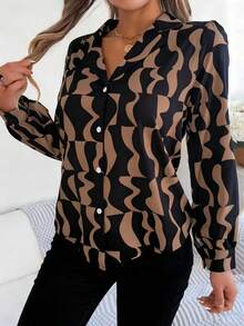 Blusa de mujer de manga larga con estampado geométrico, con cuello y detalles de botones, bajo asimétrico de poliéster para vacaciones - Negro - Ver 2