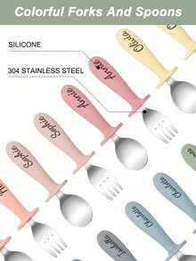 2PCS Personalized Customization Name Children Tableware Set Silicone Spoon Fork Handle Set With Stainless Steel Tips Training Cutlery Print On Demand Children Feeding Tools,Christmas Gift Supplies
