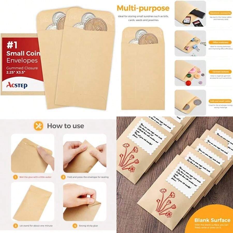 ACSTEP - sobres de papel #1 de 2-1/4 x 3-1/2, sobre de monedas pequeñas de 2 x 3 pulgadas para llaves, punta, paquetes de semillas, mini sobres autoadhesivos glummados con agua(Paquete de 100) - Multicolor - Ver 1