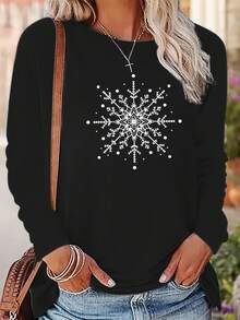 Plus Size - Women'S Plus Size Oversized Casual Long Sleeve T-Shirt - Black Snowflake Print Round Neck Top, Medium Stretch Non-See-Through Fabric, Machine Washable Layering Shirt For Spring Summer Fall, Everyday & Winter Layering Essential (White SnoNew Women's T-Shirt: Casual And Versatile For Back-To-School Season High Value For Money, Soft And Skin-Friendly - Black - View 1