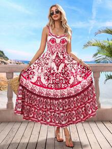 Fashionable Standard Size Women's Sleeveless Bohemian V-Neck Printed Cami Dress