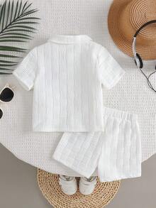 2pcs Baby Boy Textured Letter Print Shirt And Printed Shorts Street Fashion Children Set - White - View 2