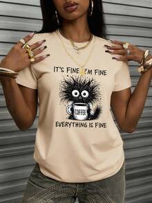 Áo thun nữ mùa hè mới, kiểu dáng đơn giản, in khẩu hiệu, phong cách thường ngày thoải mái, cổ tròn, tay ngắn, thích hợp mặc đi nghỉ mát. Áo thun nữ. - Màu be - Xem 8