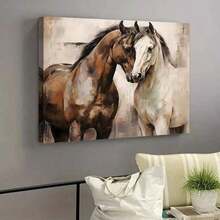 1 Pieza de Arte de Pared en Lienzo de Caballo Retro en Marco - Estilo Country y Decoración Ecuestre, Escena de Establo en Tonos Cálidos con Bombillas Brillantes, Parejas y Amantes de la Naturaleza, Obra de Arte Interior Acogedora | Arte de Pared | Obra de Arte Terrestre, Amantes de los Caballos, 2D, Decoración de Habitación Dormitorio - Multicolor - Ver 8