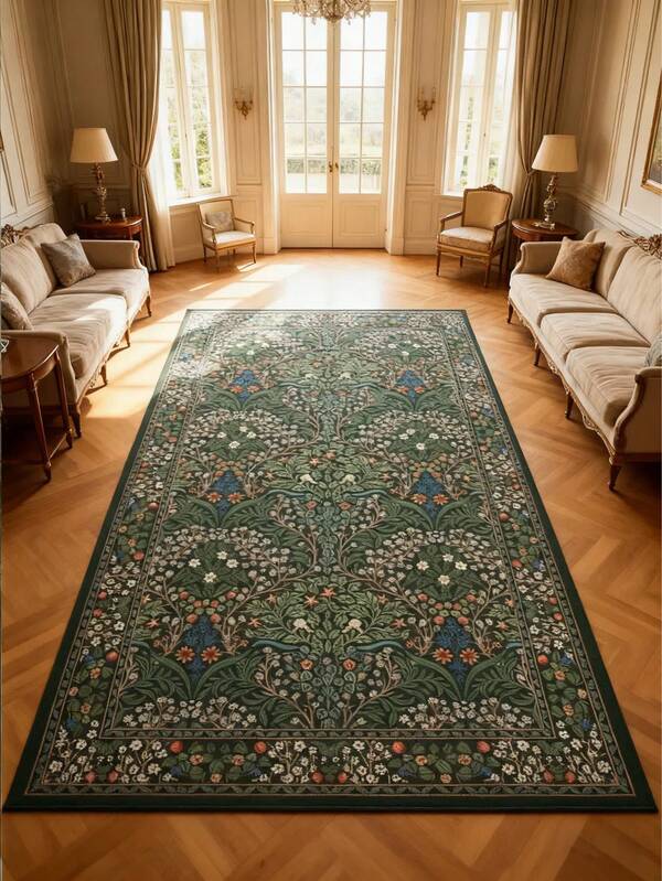 1pc Vintage Dark Green Multi-Color Floral Decorative Carpet, Decorative Rug, Bedroom Decor, Small Rug, Carpet, Home Decor, Living Room Carpet, Living Room Small Rug, Bedroom Rug, Living Room Home Decor, Outdoor Rug, Washable Carpet