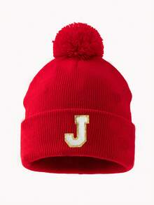 1pc Women's Fashion A-Z Letter Fuzzy Pom Pom Knit Beanie Hat, Suitable For Autumn/Winter Daily Warmth And Outfits - Red - View 31