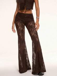 Women's Lace Sheer Flared Pants Flower Printed Lightweight Solid Color Long Bell Bottom - 深棕 - 查看 2