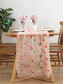 1件3D立体花卉装饰网纱桌旗，适用于婴儿派对装饰、乡村风桌旗、婚礼派对、初领圣体仪式中心装饰、订婚新娘派对波西米亚风装饰，黑色、粉色，大号70x300厘米 - 彩色 - 查看 17