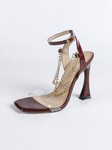 Jin Bei Qi Giày sandal cao gót mũi vuông màu trơn bằng da bóng, trang trí dây xích kim loại, quai trong suốt bằng nhựa dẻo, khóa cài mắt cá chân, hở mũi, thích hợp cho các hoạt động ngoài trời, dự tiệc, tiệc tùng, lãng mạn, phù hợp với trang phục xuân hè. - Màu Đỏ Sâu - Xem 7