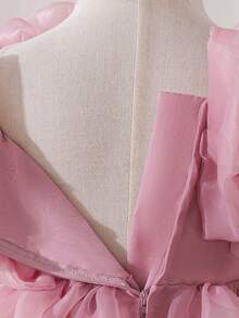 女婴无袖仿珍珠蕾丝欧根纱可爱蓬蓬公主裙，适合生日庆祝、重要场合、节日等。 - 藕粉色 - 查看 11