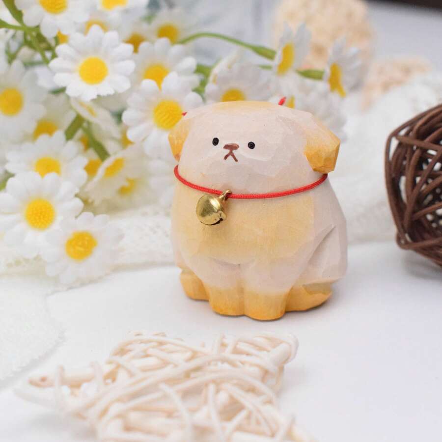 Heartwarming Wooden Dog Figure - A Handmade Puppy Carving With Warmth And Character, Infusing Life Into Your Living Space - Yellow-white Puppy - View 1