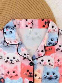 2件套 女童及青少年休闲卡通猫咪印花翻领长袖开衫和长裤睡衣套装，阻燃，四季皆宜