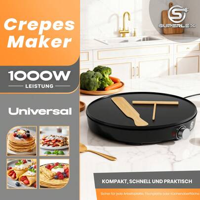 SUPERLEX Crêpe-Maker multifunzionale, Macchina per pancake multifunzione, Padella domestica, - dotato di Schaber (Spazzola per Crêpe) e Distributore di Teig (impasto), Piastra da cottura con rivestimento antiaderente | Adatto per la preparazione di Crêpes dolci, Pancake francesi salati | Funzione di regolazione della temperatura | Adatto per friggere Bistecche di vitello, Uova fritte, Pancetta, Bistecche di salmone, Fette di toast, Ideale per la preparazione della colazione | Padella piatta, Utensile da cottura pratico, Adatto per cucine domestiche e appartamenti, Facile da pulire, Nero