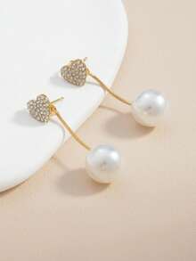 1 Pair Elegant Faux Pearl & Diamond Heart Shaped Pendant Earrings - Unique Minimalist Design For Women, Suitable As Valentine's Day Gift - Multicolor - View 3