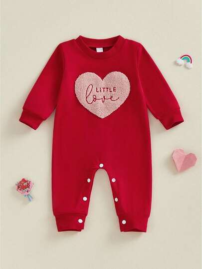 Baby Valentine's Day Jumpsuit Casual Long Sleeve Round Neck Heart Embroidery Romper Newborn Outfit