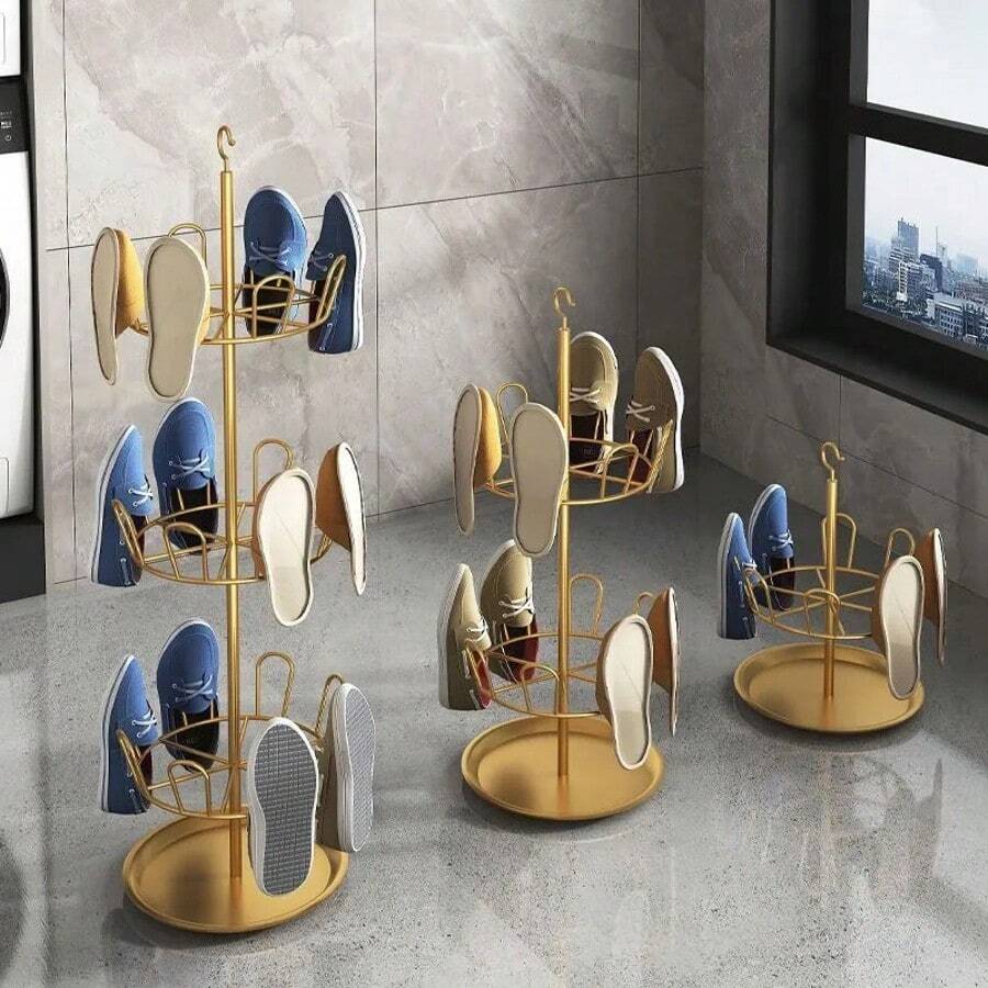 360 Degree Rotating Shoe Rack With Drip Tray And Removable Drip Catcher, Multi-Tier Shoe Organizer For Home, Apartment, Balcony, Entryway And Closet, Space-Saving Vertical Floor Standing Storage Tower With Hanging Hooks For Slippers, Heels, Sneakers, Sandals, Bootie, Indoor Outdoor Use, Narrow Corner Friendly Design, Easy Assembly And Adjustable Shelf Heights, Neat Hold And Quick Access, Modern Minimalist Look