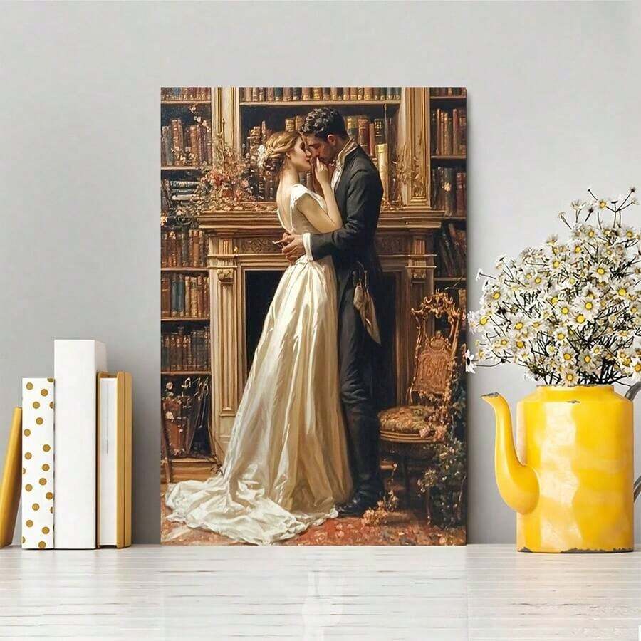 1 pieza de decoración de sala de estar enúltiples tamaños, pintura en lienzo con marco de madera, impresión retro de pareja para el Día de San Valentín, pintura al óleo de pareja, arte de amor antiguo, impresión de arte de pared enmarcada, decoración del hogar, vacaciones, adecuada para él o ella, decoración de dormitorio, decoración, trae diversión de apreciación de pintura diferente - Multicolor - Ver 1