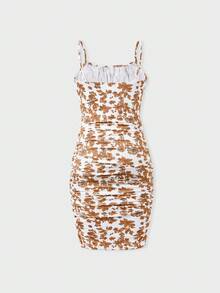 Family Matching Colorblock Cotton Tee Or Flora Print Strap Body-Con Dress Or Mesh Splicing Dress - Khaki - View 2