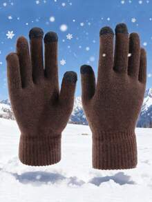 1 双黑色全指针织触屏手套，保暖内衬寒冷天气骑行手套