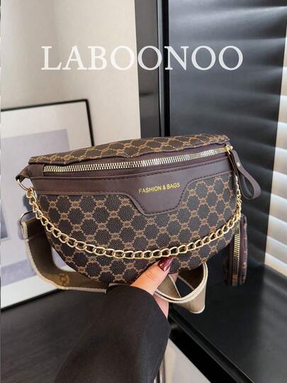 时尚刺绣大容量腰包/胸包配链条肩带，超大花朵斜挎包