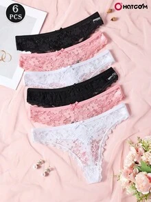 6pcs/Pack Women's Solid Color Lace Patchwork Sexy Low Waist Thong Panties With Cute Bow, Stretchy & Breathable Underwear - Multicolor - View 2