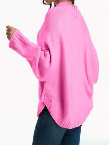 Suéter holgado de manga de murciélago de unicolor informal, otoño/invierno, talla grande - Rosa roja clara - Ver 2