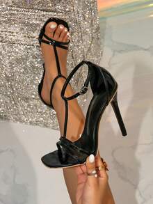 Women's High Heel Sandals, 2026 Summer New Styles, Thin Heel Strap , Runway Fashion, Versatile, Minimalist, Elegant Open Toe High Heel Sandals - Black - View 3