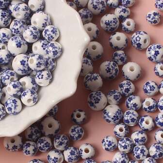 36颗6毫米/8毫米/10毫米大孔蓝白瓷兰花陶瓷珠，DIY珠宝工艺材料，适用于手链、窗帘、散珠等。