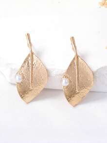 1 Par de Brincos de Botão com Design de Folha Vintage e Pérola Falsa, Adequado para Uso Diário