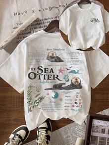 Vintage Sea Otter Biology Graphic Short Sleeve Casual Round Neck T-Shirt Women's Summer Beach Vacation Solid Cotton Short Sleeve T-Shirt - 白色 - 查看 1