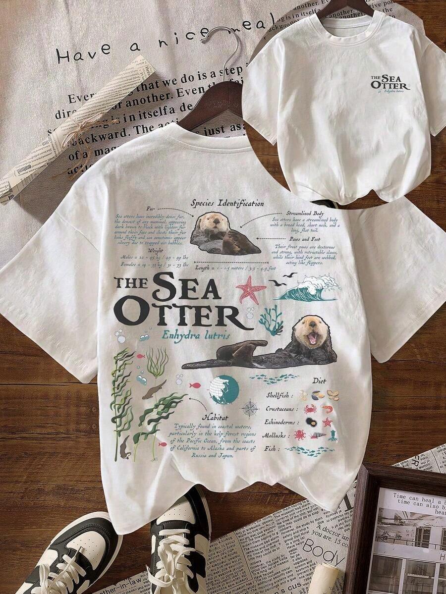 Vintage Sea Otter Biology Graphic Short Sleeve Casual Round Neck T-Shirt Women's Summer Beach Vacation Solid Cotton Short Sleeve T-Shirt - 白色 - 查看 1