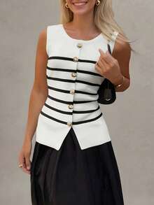 复古时尚优雅金属纽扣前开纯色无袖圆领商务夹克工作服马甲，修身简约风格休闲条纹毛衣，适合女士，春夏秋季 - 彩色 - 查看 2