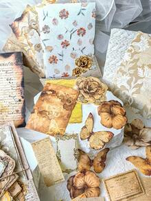 100pcs Vintage Floral & Botanical Texture Decorative Note Paper, DIY Scrapbooking Material - one-size - View 10