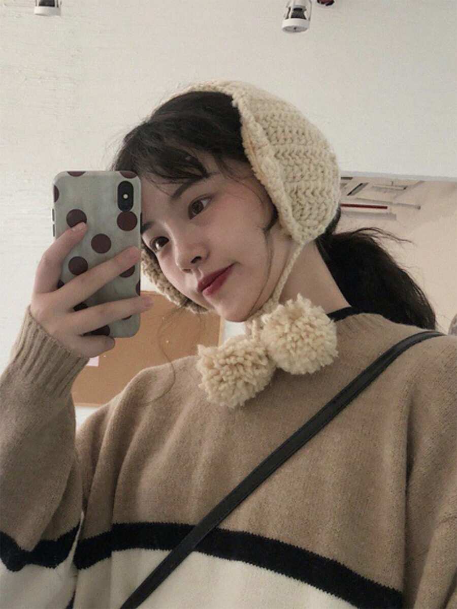 1 Peça Protetores de Orelha Tricotados de Cor Sólida e Dobráveis, À Prova de Vento, com Cordão Ajustável, Decoração com Pompom, Adequado para Uso Externo no Inverno