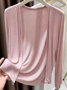 Chaqueta de punto tipo cárdigan de unicolor primavera/verano Y2K casual y lindo para mujer de Vera Lane, adecuado para festivales de música, versátil y ligero, top rosa para el Día de Acción de Gracias y Pascua - Rosa Pálido - Ver 2