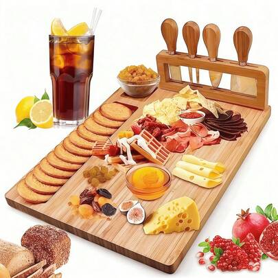 1 Set Bamboo Cheese Board, Cheese Plate, Kitchen Cheese Cutting Board, Wooden Tray