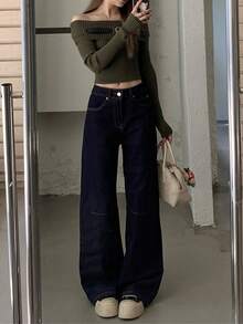 女士口袋直筒宽松休闲百搭牛仔裤 春季款 - 深藍色 - 查看 2