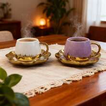 2pcs Ceramic Coffee Cup & Saucer Set, Macaron Colors Electroplated Silver/Gold/White/Black, 90ml Capacity, Couples Gift, Home/Party Use For Coffee, Tea, Water - Multicolor - View 2