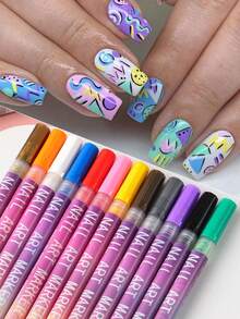 FULL BEAUTY 12 Colors 0.5mm Fine Tip Graffiti Nail Art Painting Pens, 3D Nail Art Acrylic Drawing Pens, Waterproof Outline Pens For DIY Abstract Fine Line Floral Marker Nail Art & Beauty Tools - Multicolor - View 2