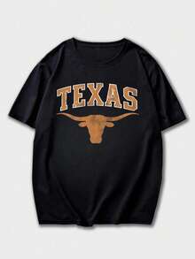 Zrgoth Men's Casual Versatile Simple TEXAS Text & Country Animals Cow Head Print Short Sleeve T-Shirt - Black - View 4