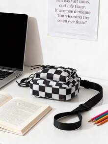 1pc Unisex Black & White Checkerboard Casual Shoulder Bag, Zipper Closure Nylon Fabric Checkerboard Print Crossbody Chest Bag, Suitable For Daily Use, Gatherings, Parties, Ramadan - A - View 8