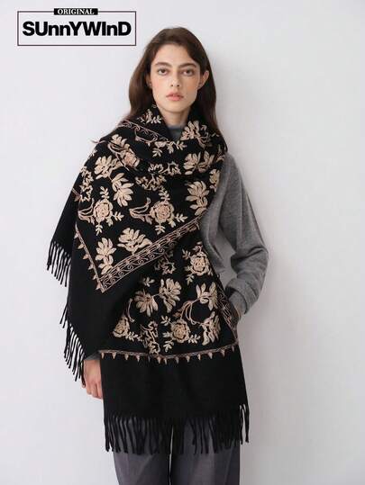 1件女士花卉刺绣涤纶披肩，优雅佩斯利花纹，适合秋冬季日常使用