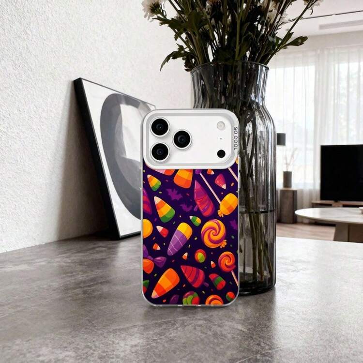 Adorable Phone Case Featuring a Candy Corn And Lollipop Design, Perfect for Halloween. It Comes in Purple And Is Compatible with for  Models 17, 17 Pro, 17 Air, 17 Pro Max, As Well As 16, 15, 14, 13, 12 Pro, Pro Max, Plus, And Models S22, S23 - Negro - Añade 5