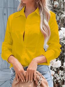 女士纯色长袖休闲/办公单排扣衬衫 春季 - 黃色 - 查看 5