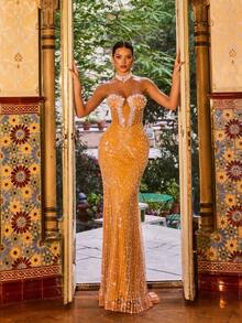 Elegant Women's Heavily Sequined Pearl Decorated Strapless Mermaid Maxi Dress With Open Back Tie Design, Fitted Silhouette, High Slit, Suitable For Formal Events, Galas, Birthdays, Red Carpet, Awards Ceremonies, Luxury Evening Gown - Orange - View 2
