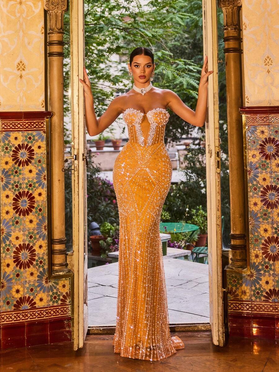 Elegant Women's Heavily Sequined Pearl Decorated Strapless Mermaid Maxi Dress With Open Back Tie Design, Fitted Silhouette, High Slit, Suitable For Formal Events, Galas, Birthdays, Red Carpet, Awards Ceremonies, Luxury Evening Gown